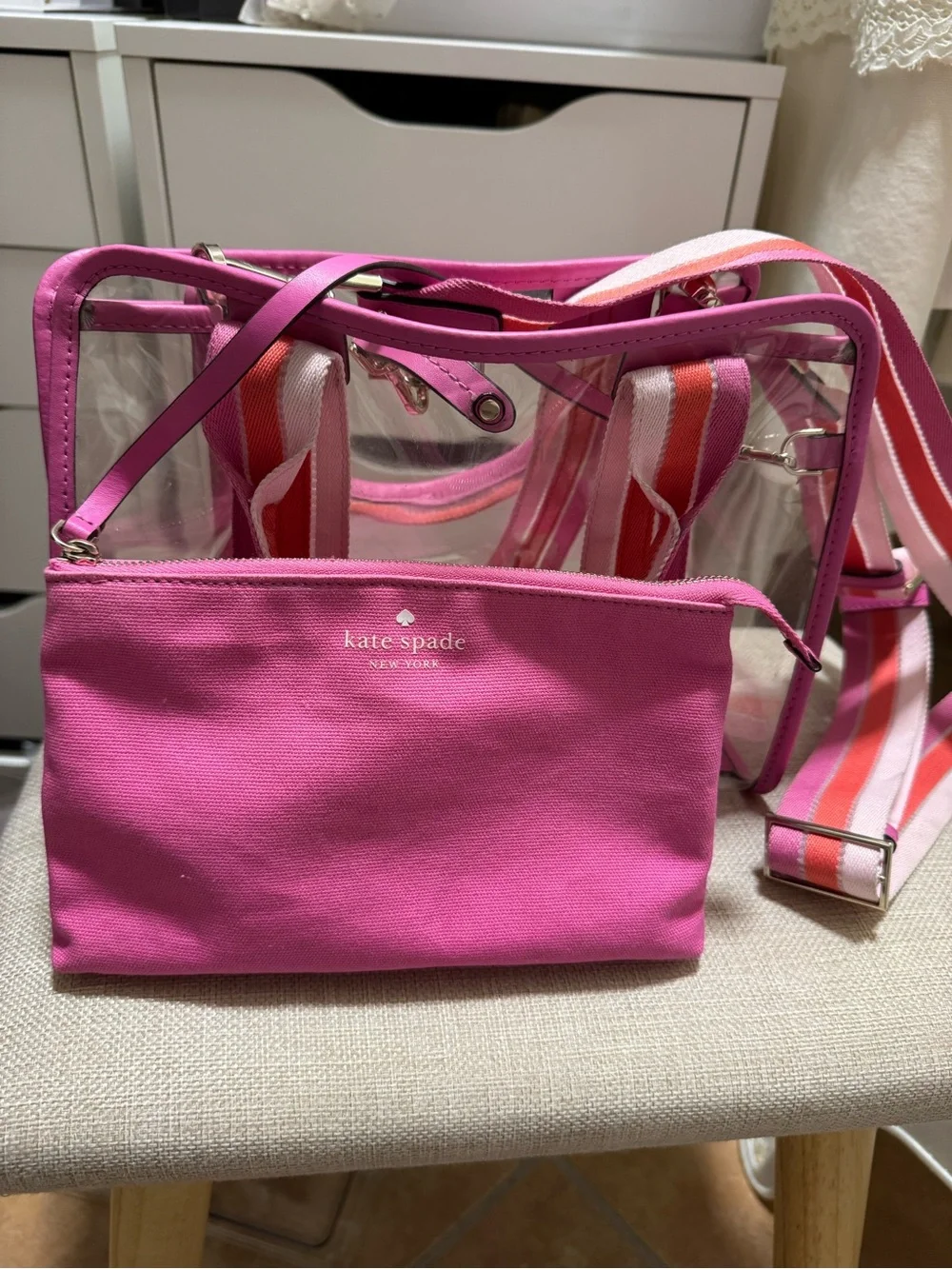 Kate Spade Clear Tote Bag with Pink Trim and Striped Strap